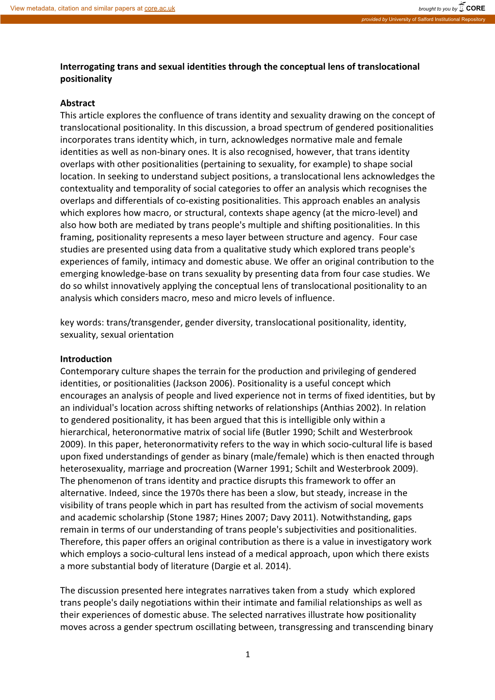 Interrogating Trans and Sexual Identities Through the Conceptual Lens of Translocational Positionality