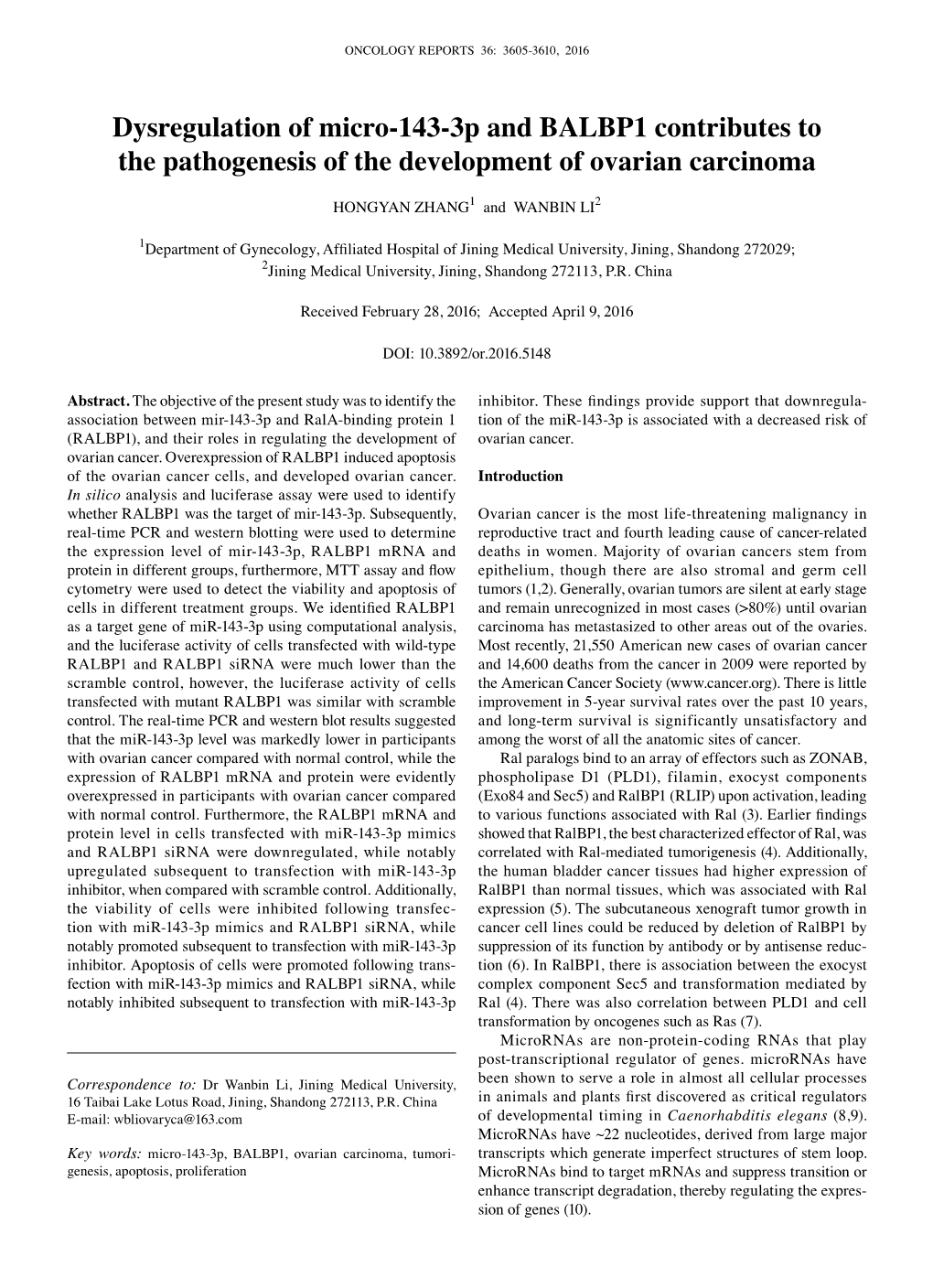 Dysregulation of Micro-143-3P and BALBP1 Contributes to the Pathogenesis of the Development of Ovarian Carcinoma