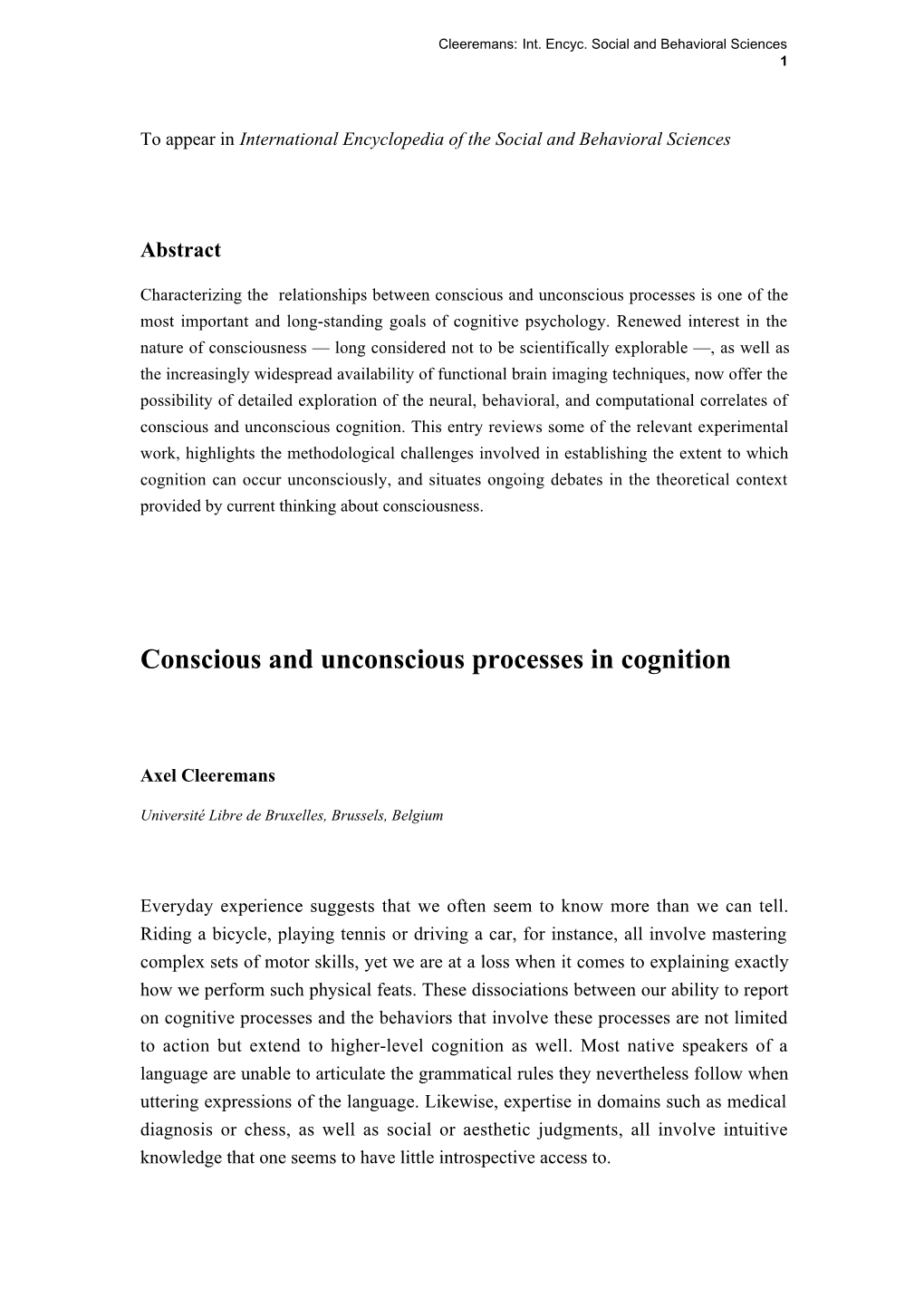 Conscious and Unconscious Processes in Cognition