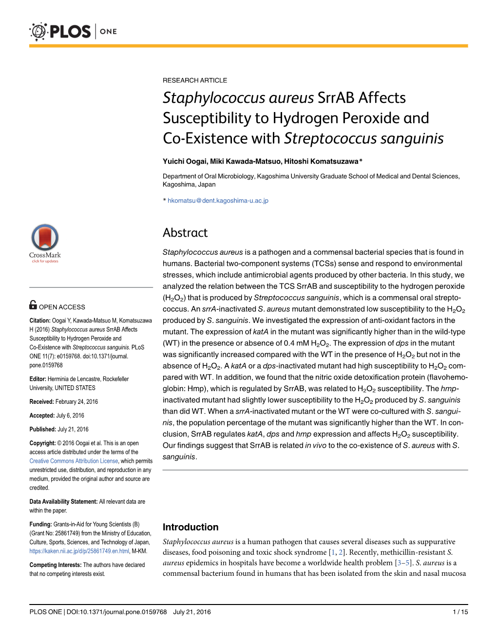 Staphylococcus Aureus Srrab Affects Susceptibility to Hydrogen Peroxide and Co-Existence with Streptococcus Sanguinis