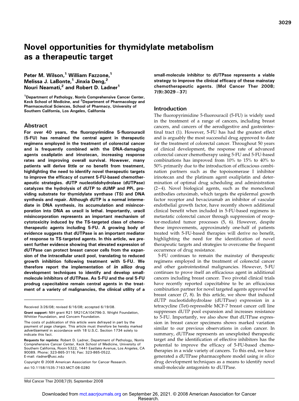 Novel Opportunities for Thymidylate Metabolism As a Therapeutic Target