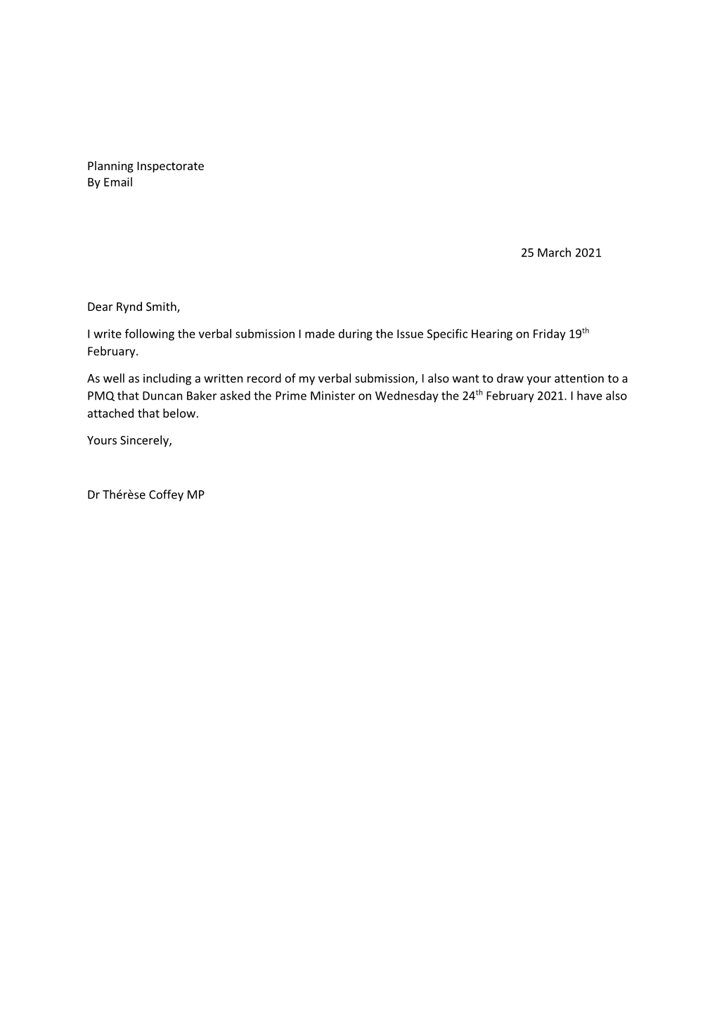 Planning Inspectorate by Email 25 March 2021 Dear Rynd Smith, I Write Following the Verbal Submission I Made During the Issue Sp