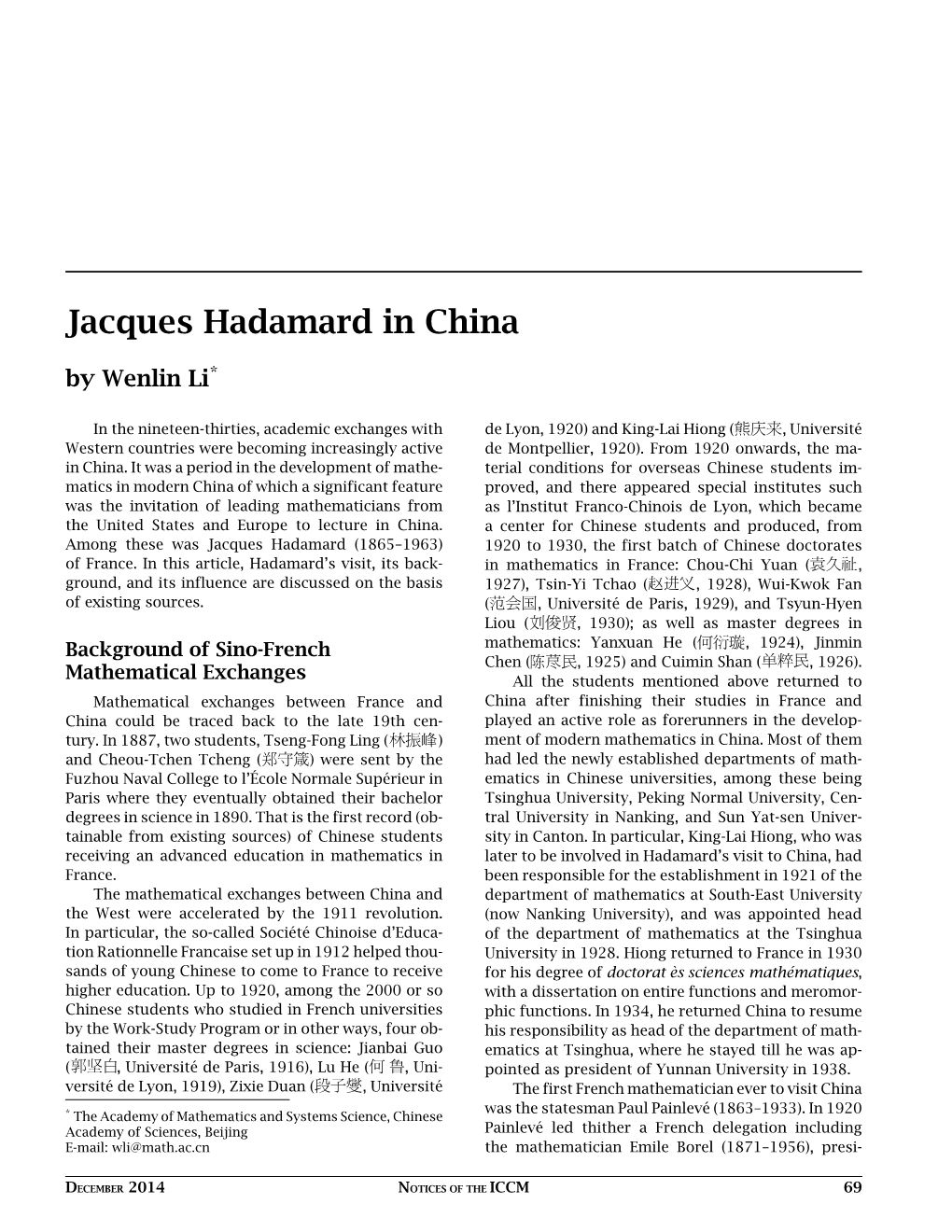 Jacques Hadamard in China by Wenlin Li*