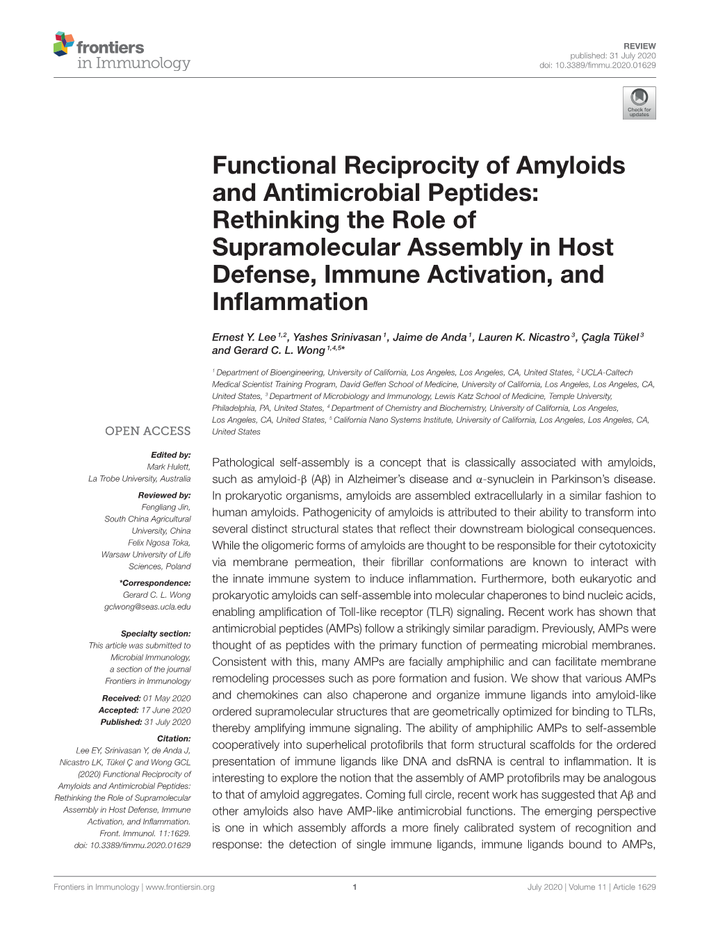 Functional Reciprocity of Amyloids and Antimicrobial Peptides: Rethinking the Role of Supramolecular Assembly in Host Defense, Immune Activation, and Inﬂammation