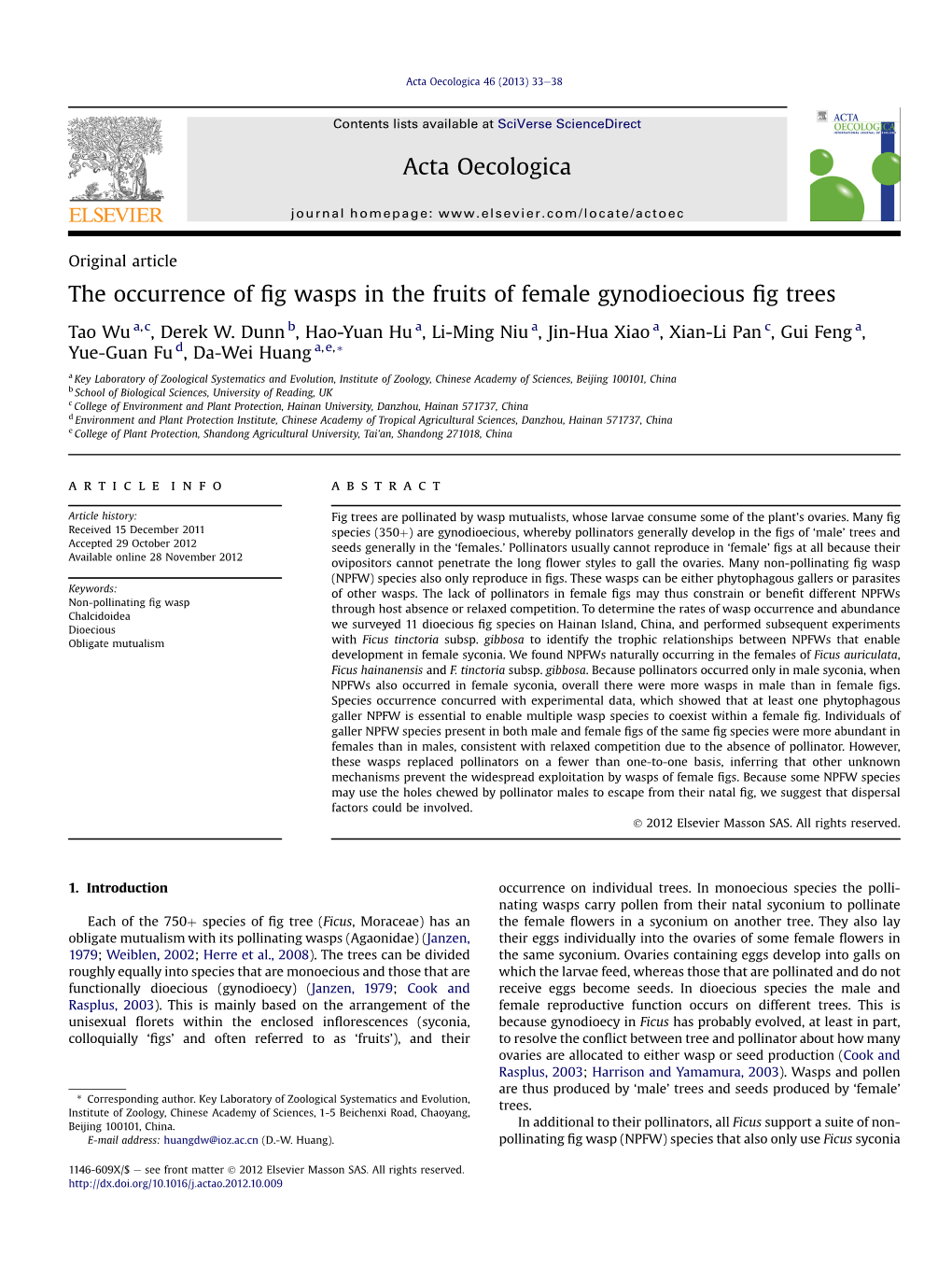 The Occurrence of Fig Wasps in the Fruits of Female Gynodioecious Fig