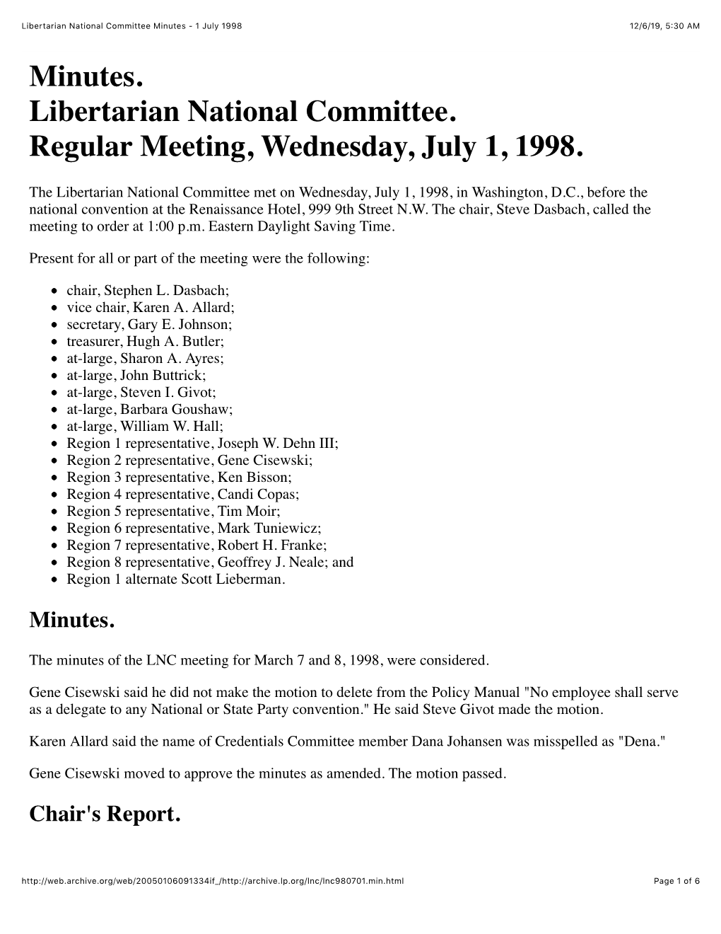 Libertarian National Committee Minutes - 1 July 1998 12/6/19, 5�30 AM