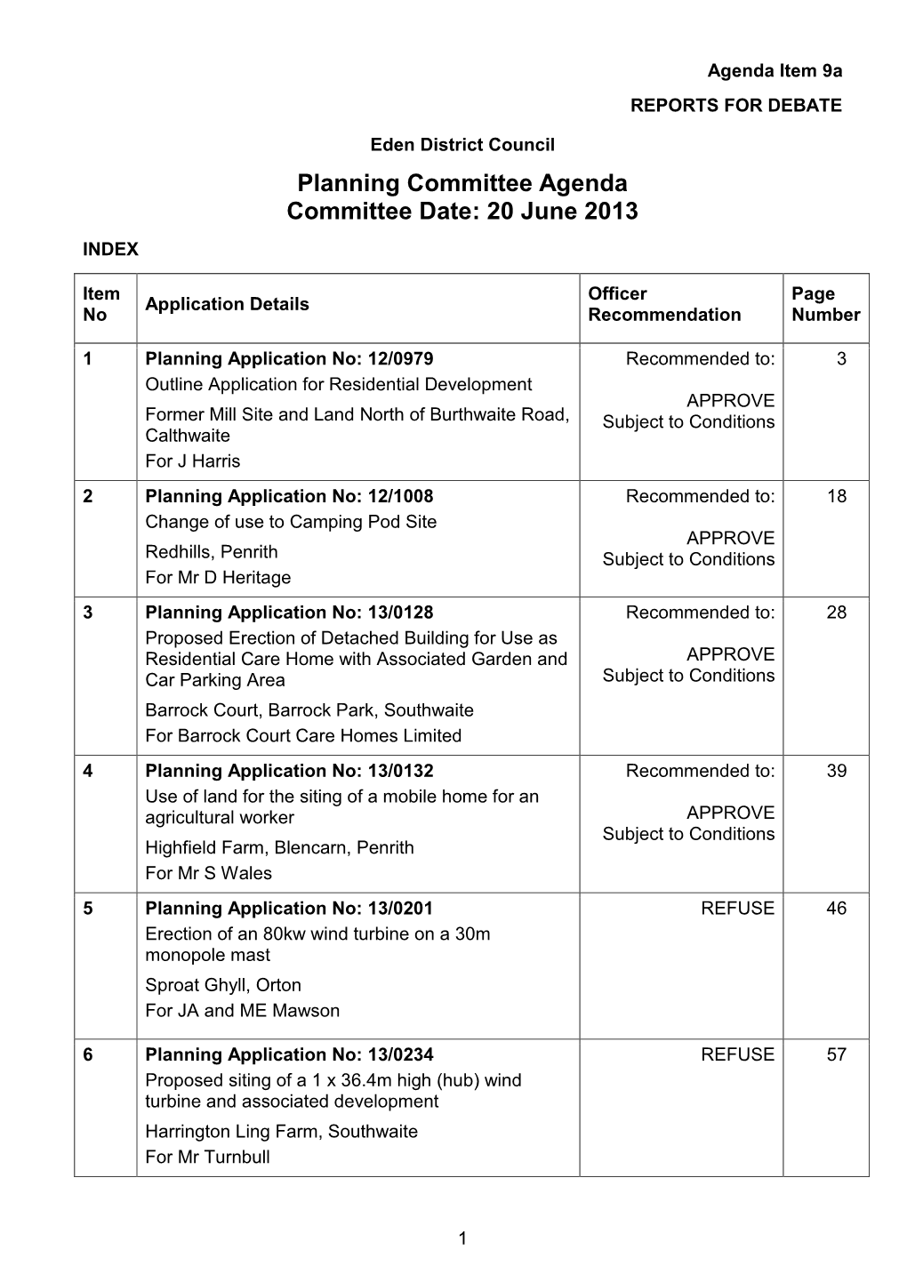 Planning Committee Agenda 20 June 2013