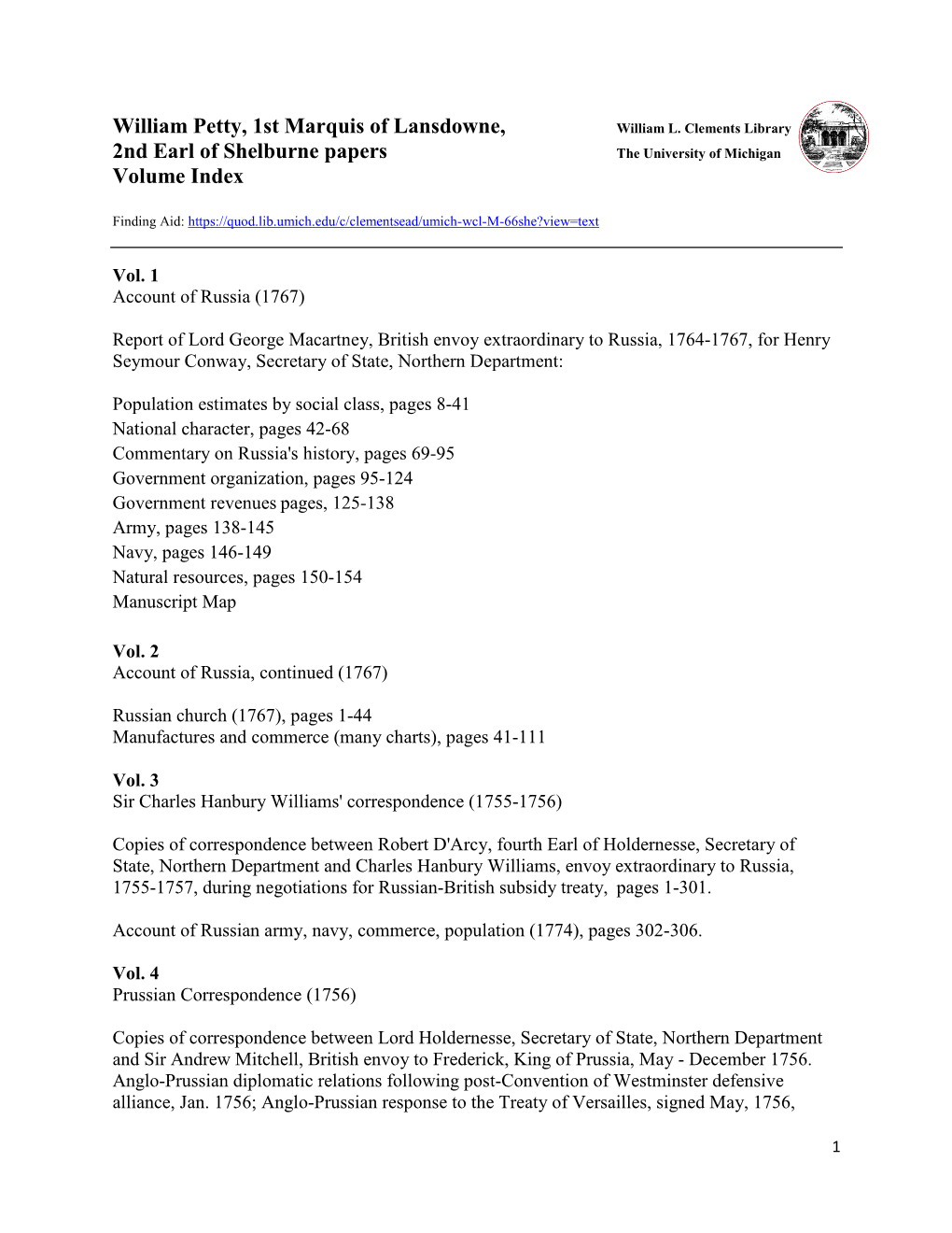 Shelburne Papers, Volume Index
