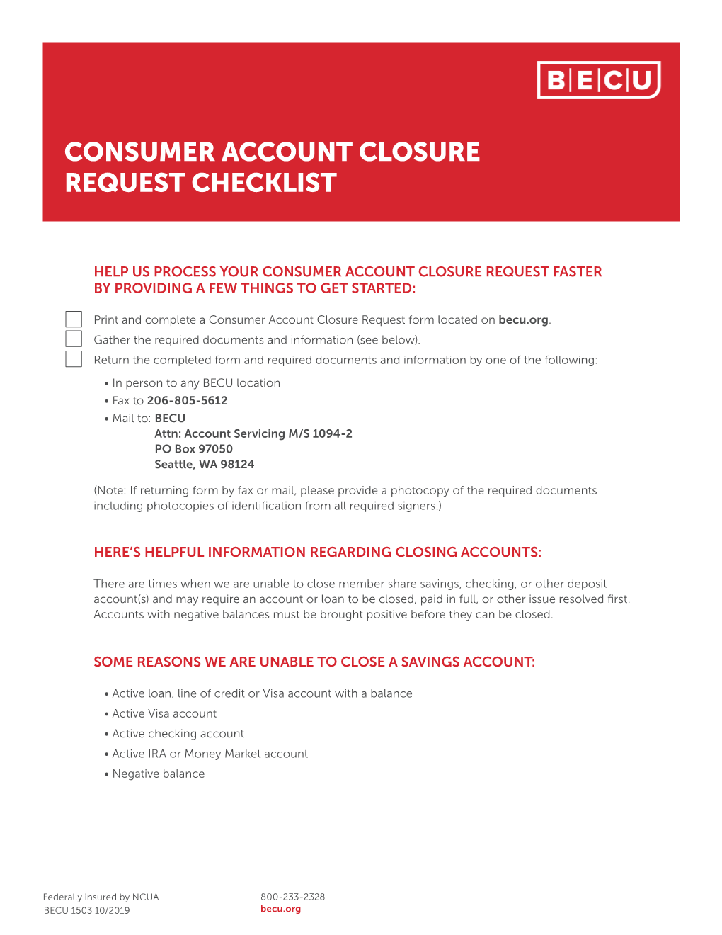 Consumer Account Closure Request Packet