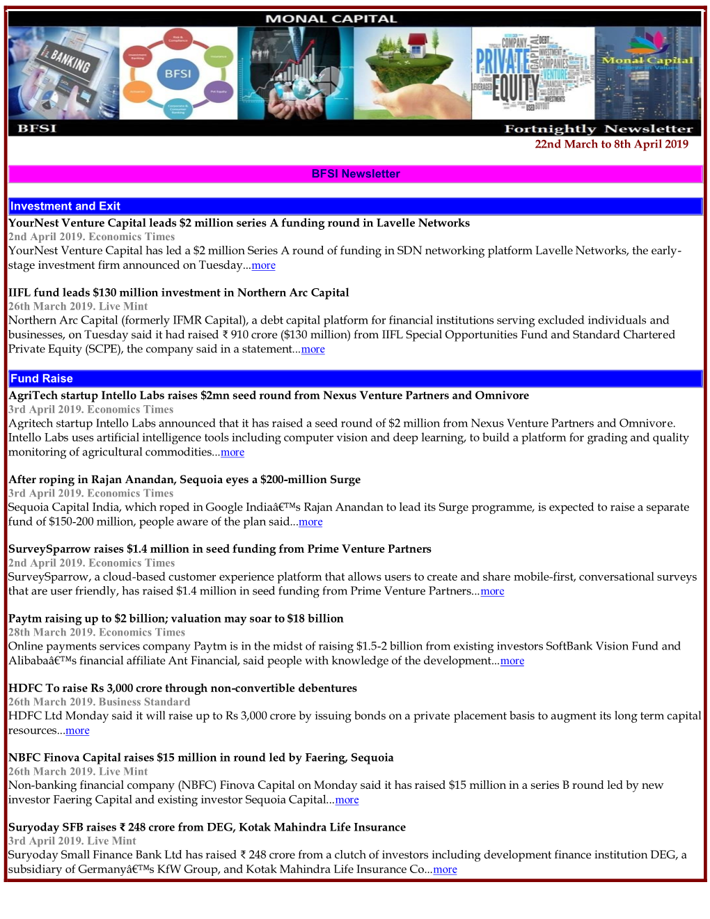 22Nd March to 8Th April 2019 BFSI Newsletter Investment and Exit