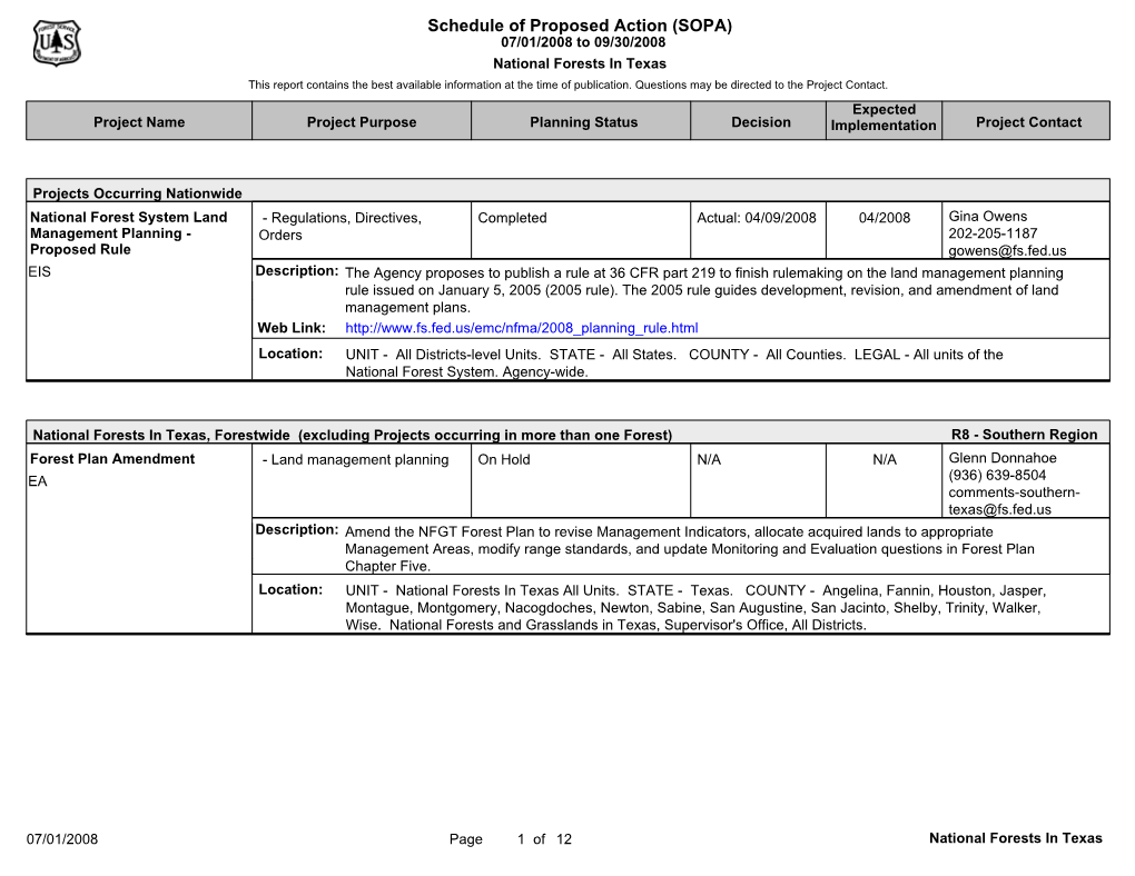 Schedule of Proposed Action (SOPA) 07/01/2008 to 09/30/2008 National Forests in Texas This Report Contains the Best Available Information at the Time of Publication