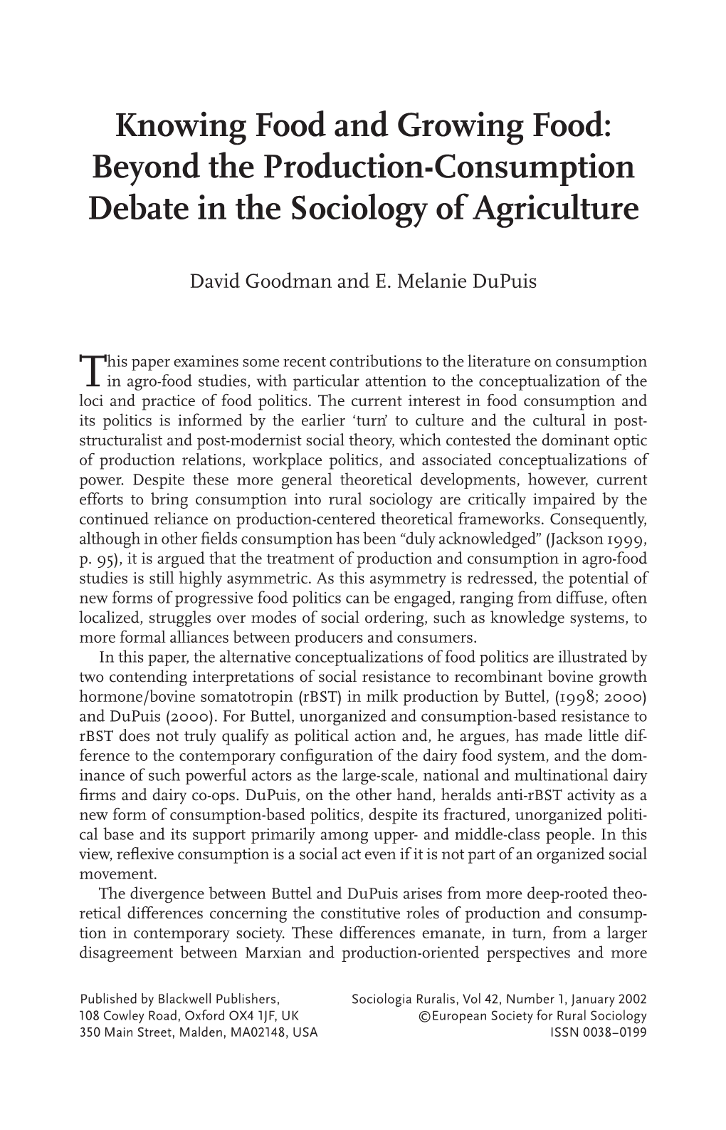 Beyond the Production–Consumption Debate in the Sociology of Agriculture
