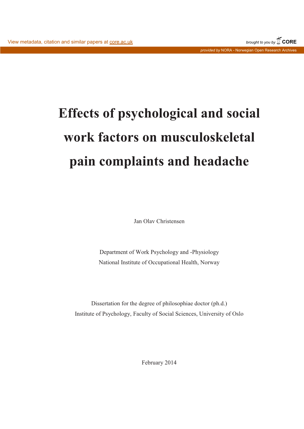 Effects of Psychological and Social Work Factors on Musculoskeletal