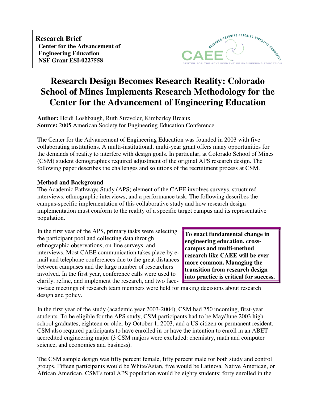 Colorado School of Mines Implements Research Methodology for the Center for the Advancement of Engineering Education