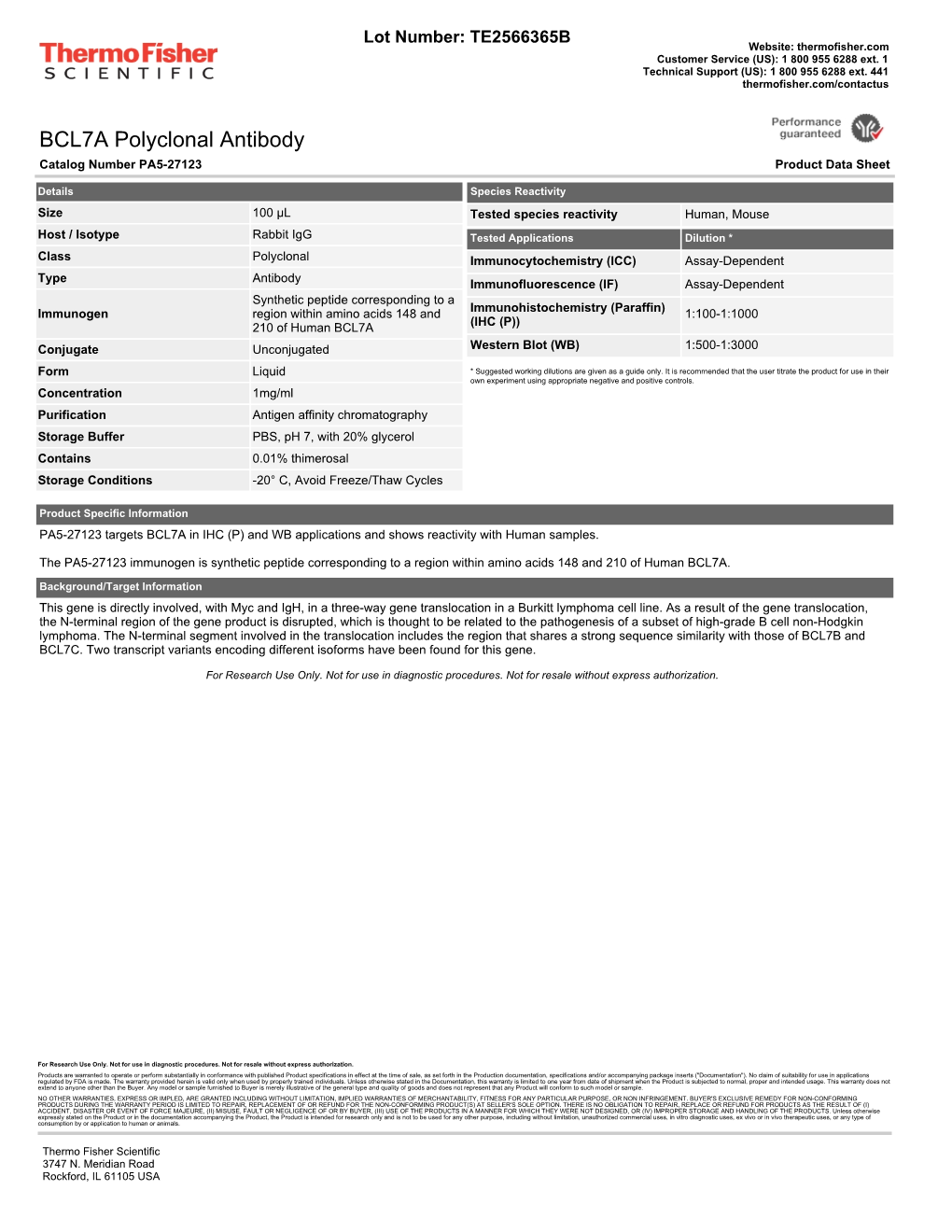 BCL7A Polyclonal Antibody Catalog Number PA5-27123 Product Data Sheet
