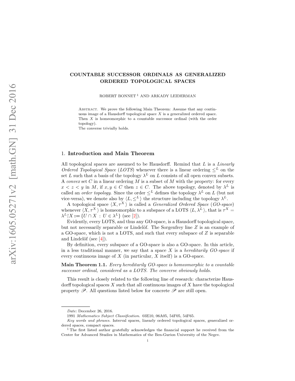 Arxiv:1605.05271V2 [Math.GN] 31 Dec 2016 Property Oﬀtplgclspaces Topological Dorﬀ Obvio Converse the LOTS