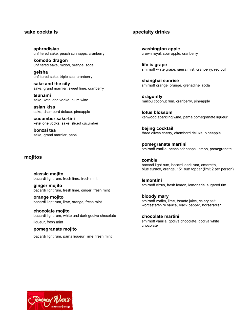 Sample Drink Menu