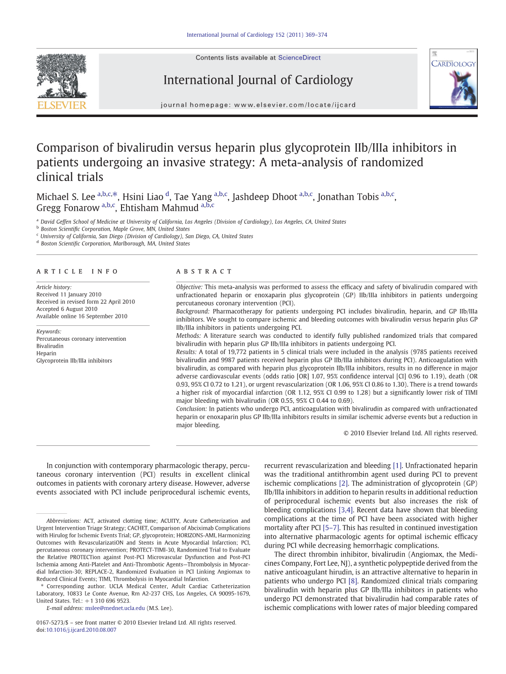 Comparison of Bivalirudin Versus Heparin Plus Glycoprotein Iib/Iiia Inhibitors in Patients Undergoing an Invasive Strategy