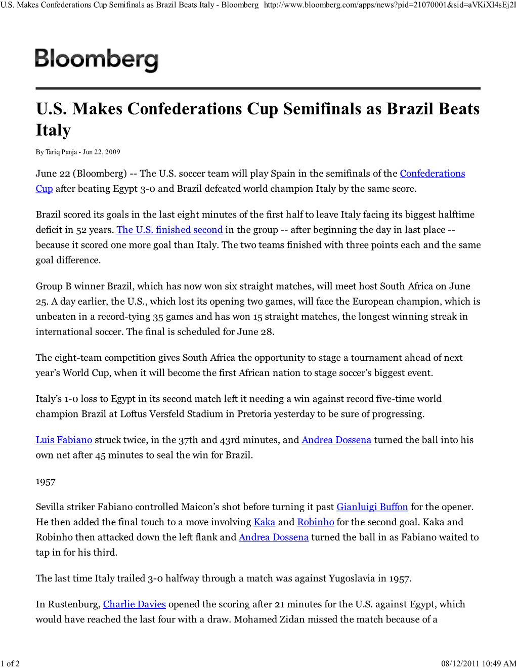 U.S. Makes Confederations Cup Semifinals As Brazil Beats Italy - Bloomberg