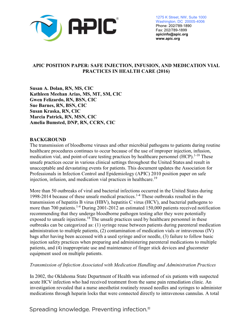 Safe Injection, Infusion, and Medication Vial Practices in Health Care (2016)