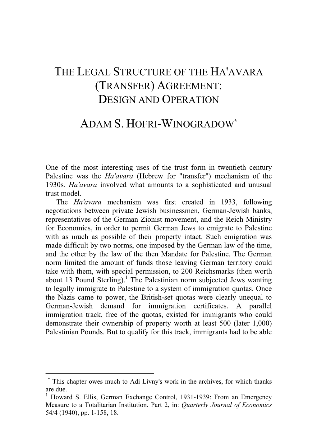 The Legal Structure of the Ha'avara (Transfer) Agreement: Design and Operation