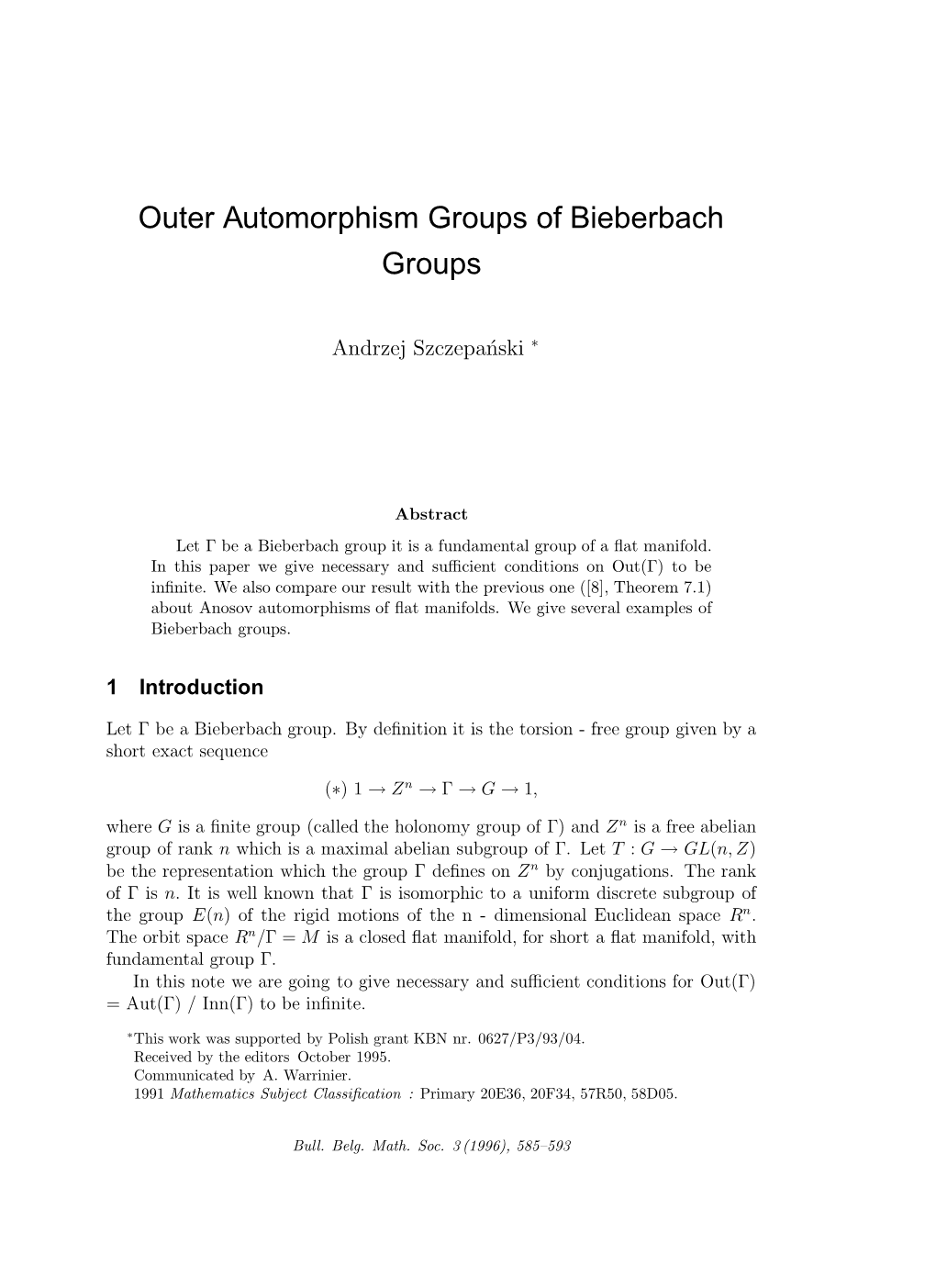 Outer Automorphism Groups of Bieberbach Groups