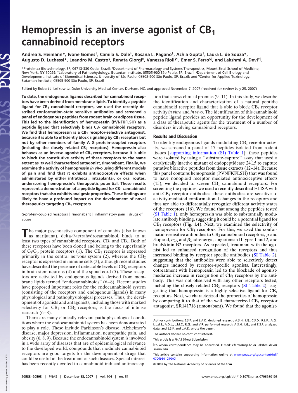 Hemopressin Is an Inverse Agonist of CB1 Cannabinoid Receptors