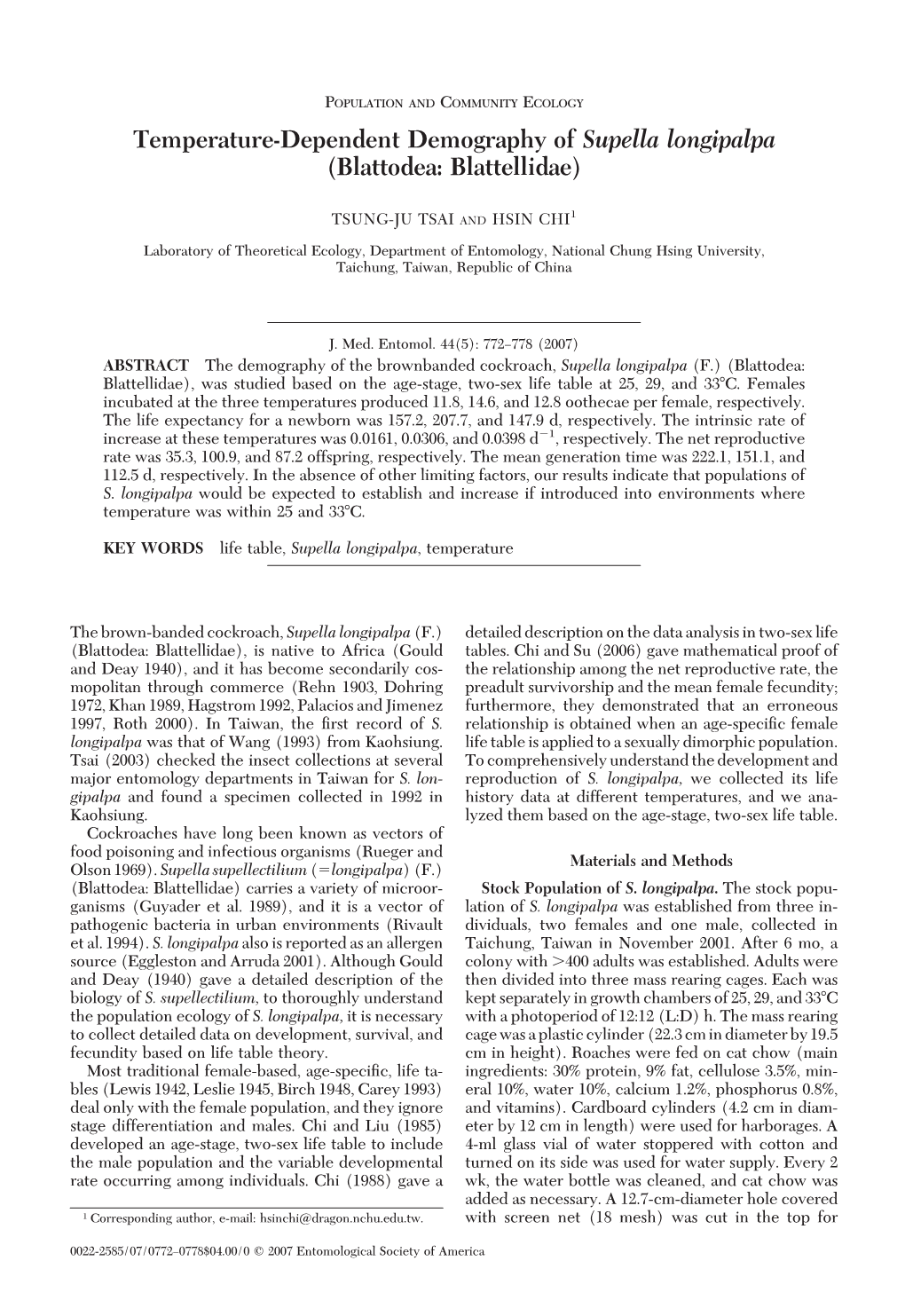 Temperature-Dependent Demography of Supella Longipalpa (Blattodea: Blattellidae)