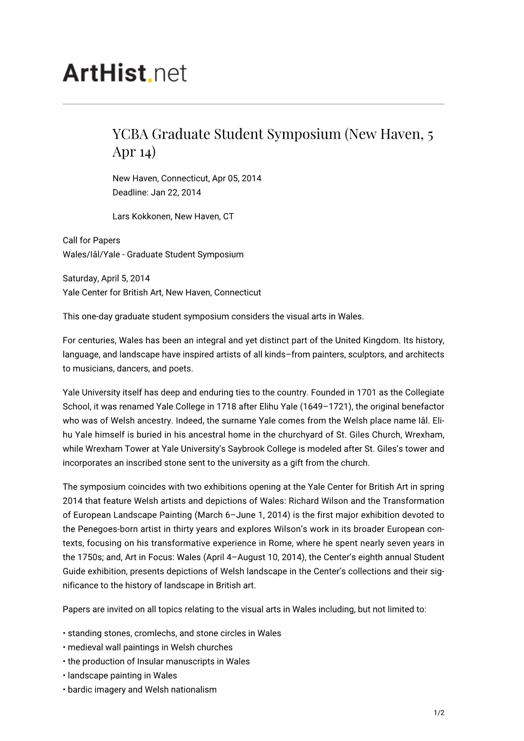 YCBA Graduate Student Symposium (New Haven, 5 Apr 14)