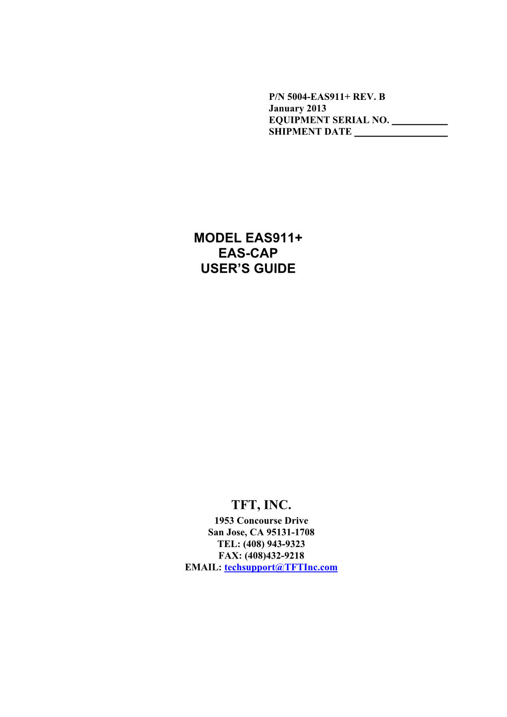 Model Eas911+ Eas-Cap User's Guide Tft, Inc