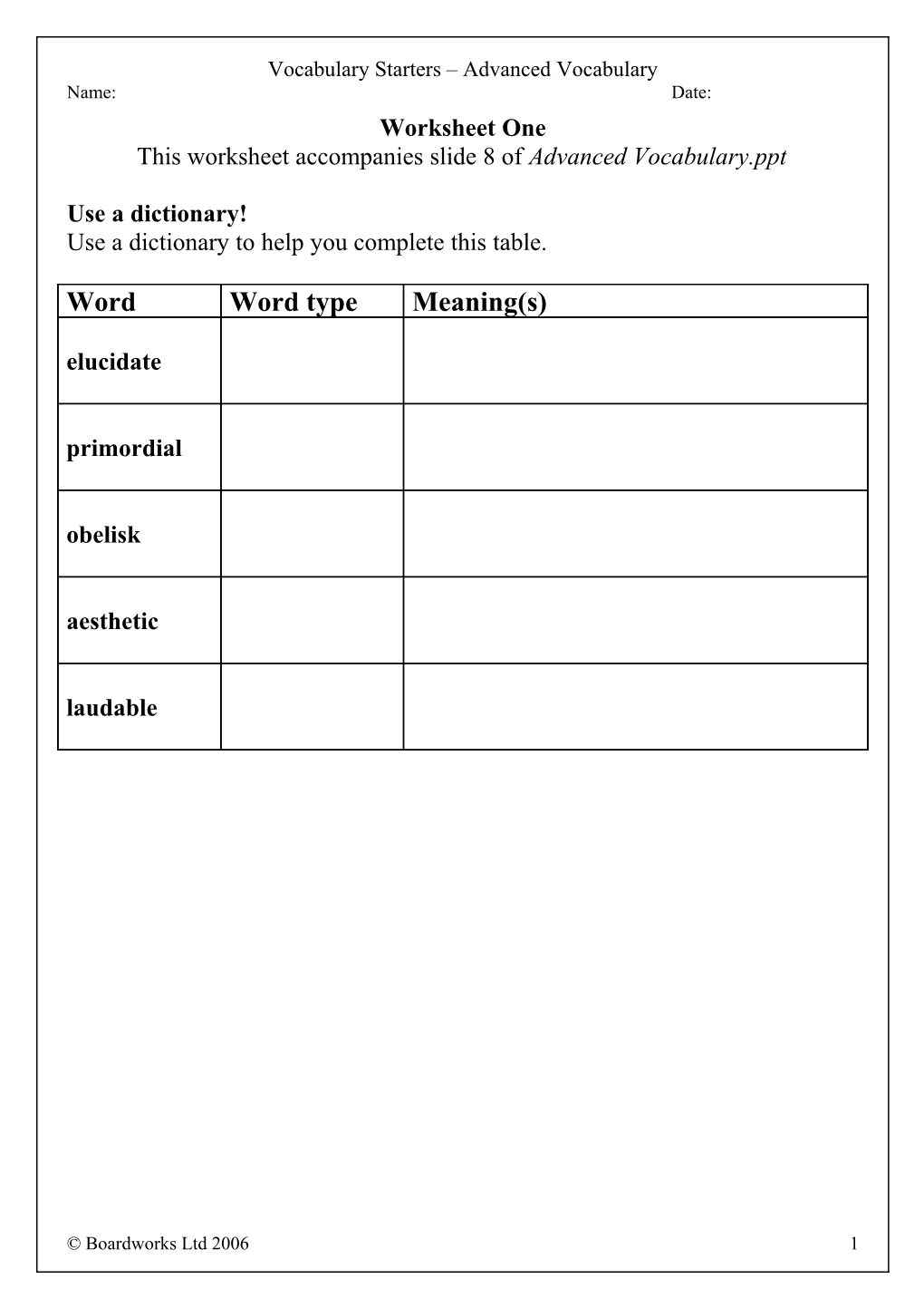 Advanced Vocabulary Worksheets