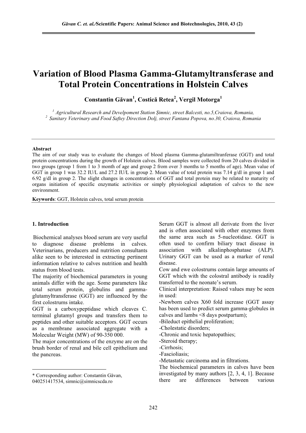 Variation of Blood Plasma Gamma-Glutamyltransferase and Total Protein Concentrations in Holstein Calves