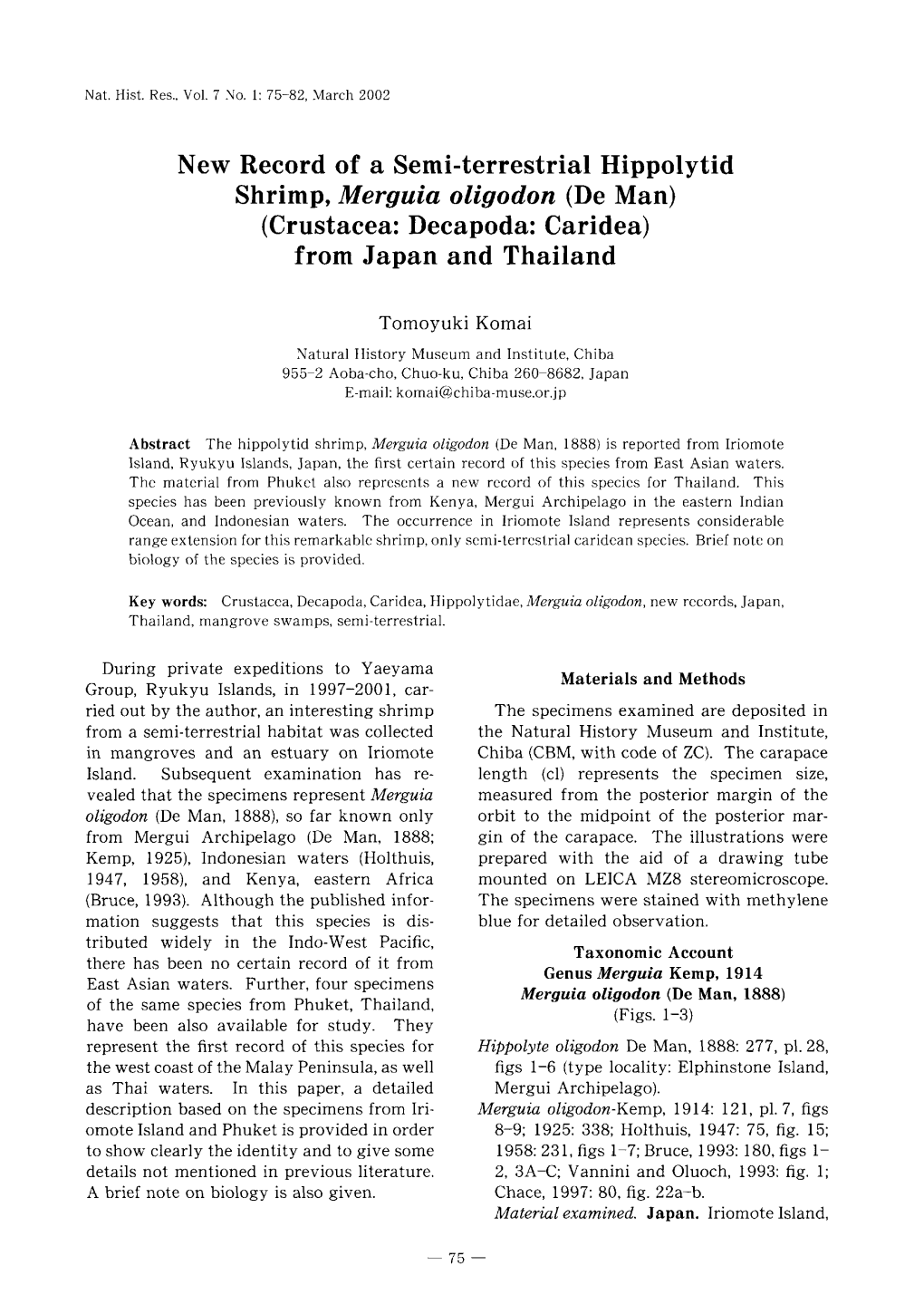 New Record of a Semi-Terrestrial Hippolytid Shrimp, Merguia Oligodon (De Man) (Crustacea: Decapoda: Caridea) from Japan and Thailand