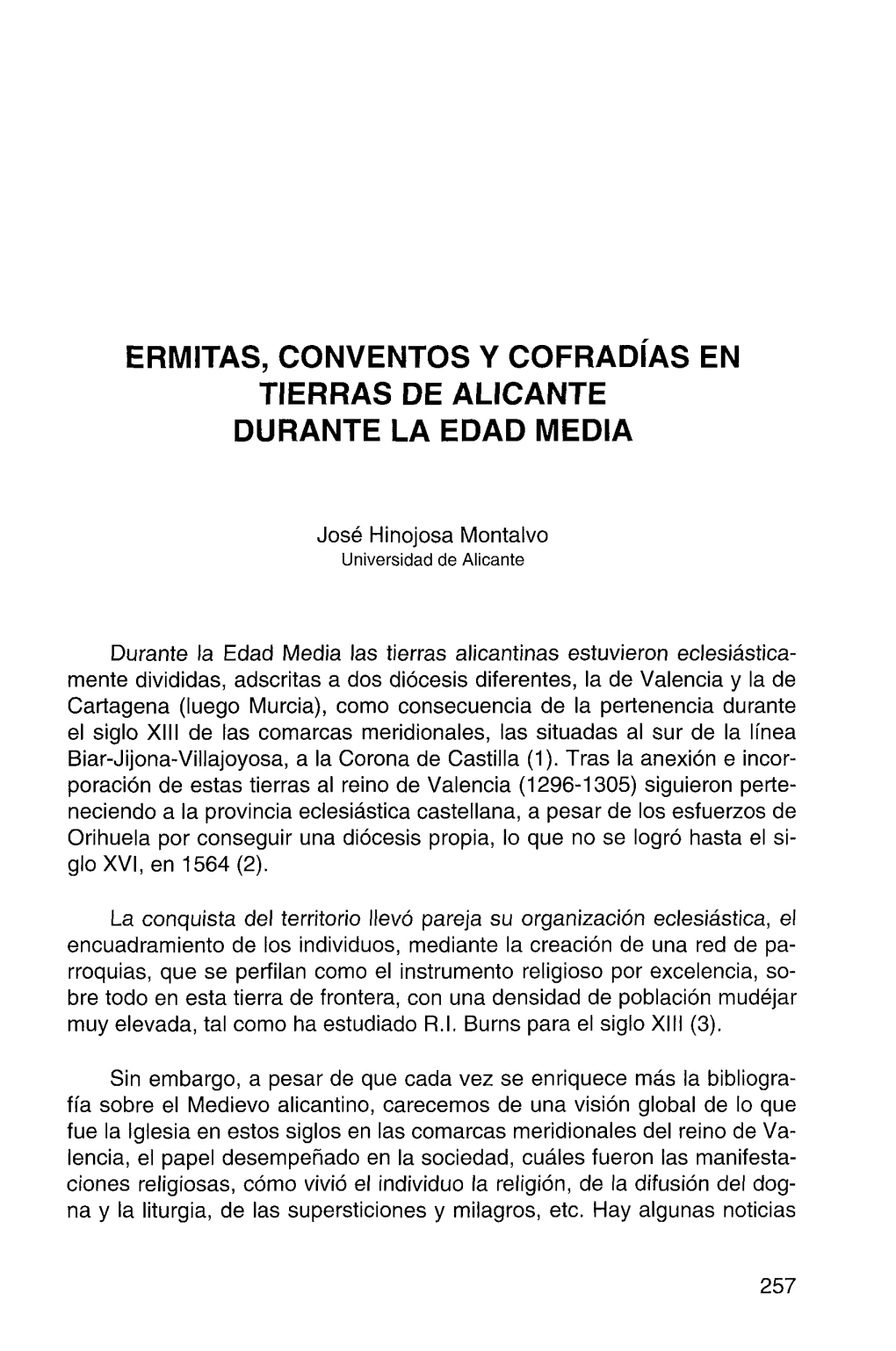 Ermitas, Conventos Y Cofradías En Tierras De Alicante Durante La Edad Media