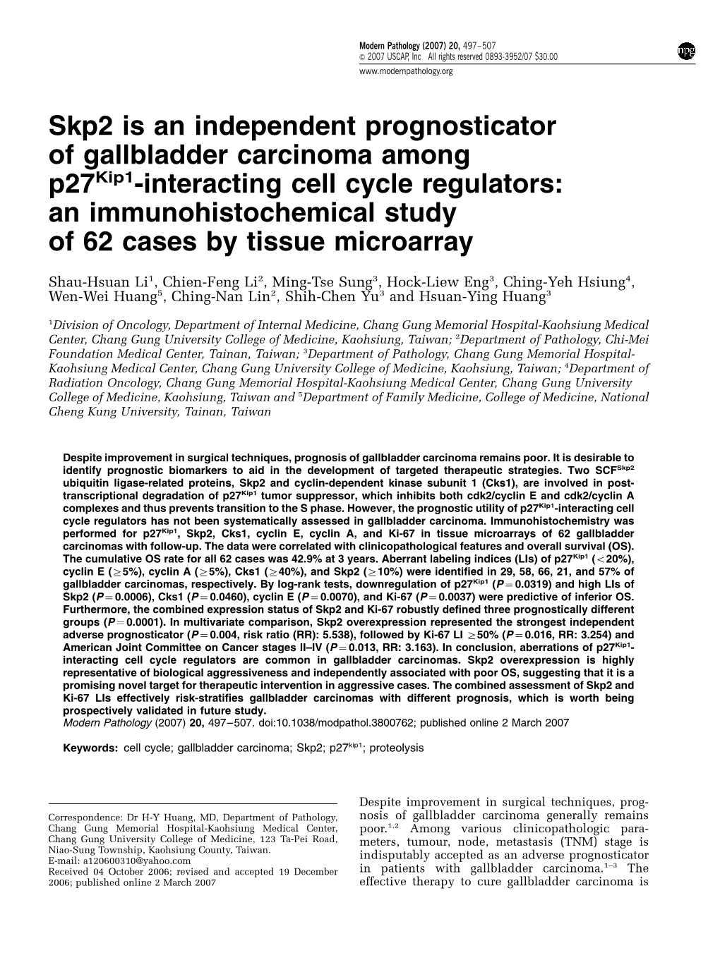 Skp2 Is an Independent Prognosticator of Gallbladder