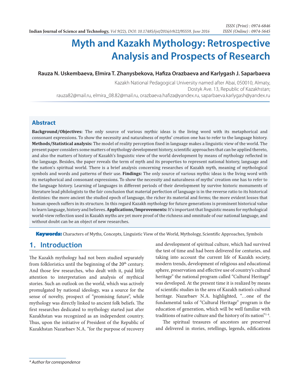 Myth and Kazakh Mythology: Retrospective Analysis and Prospects of Research