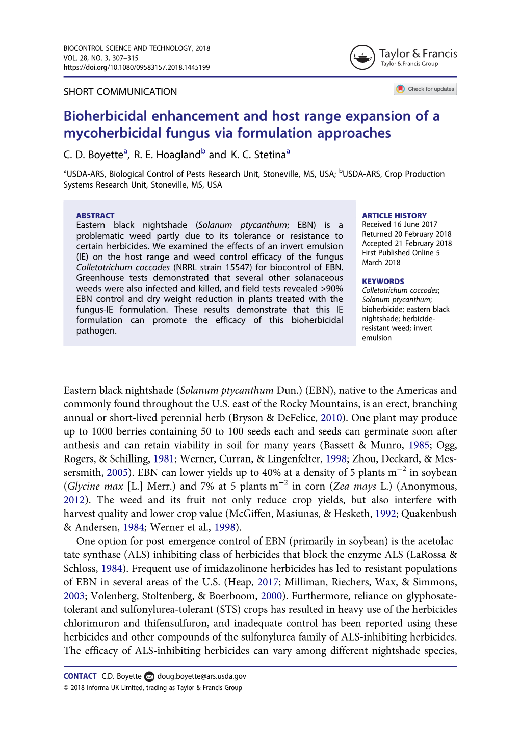 Bioherbicidal Enhancement and Host Range Expansion of a Mycoherbicidal Fungus Via Formulation Approaches C