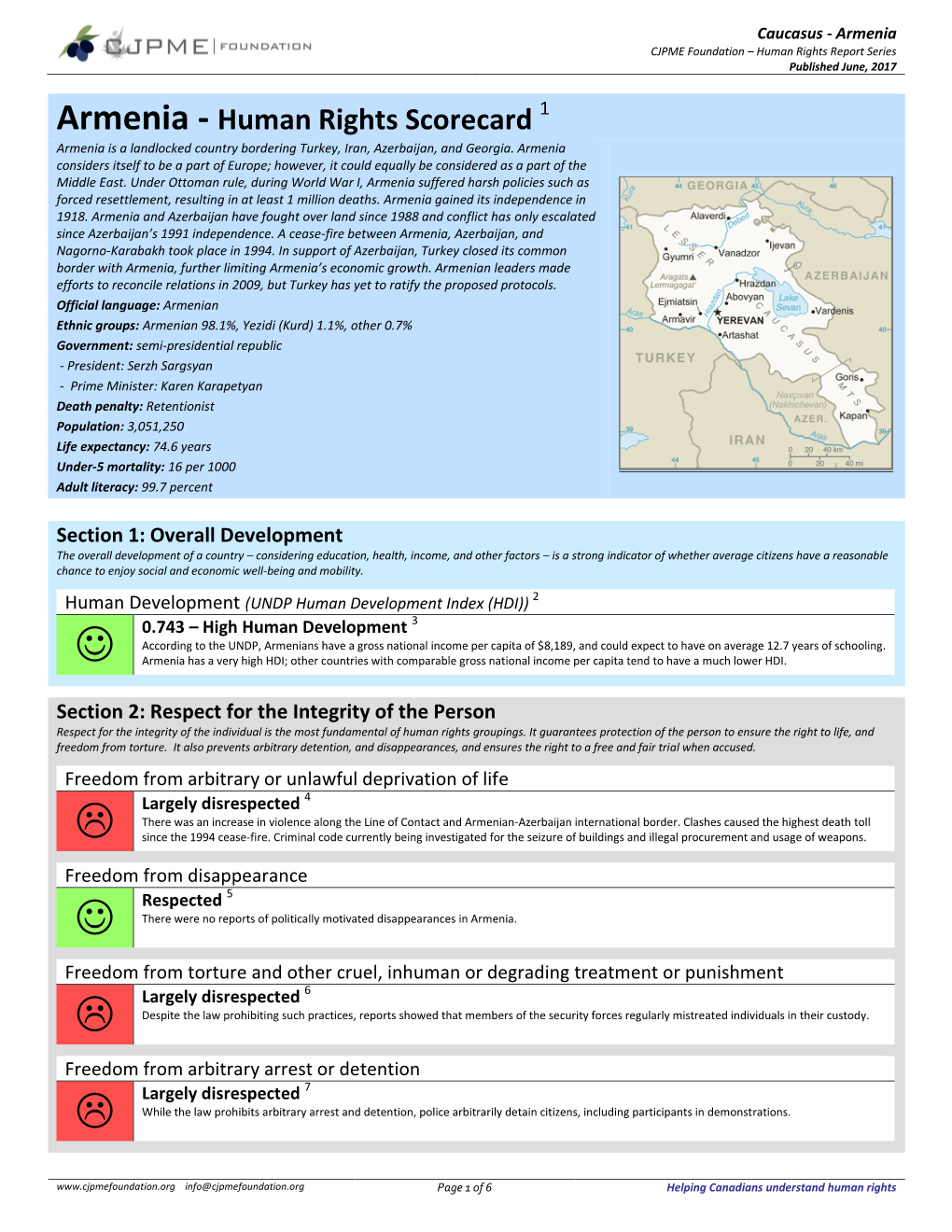 Armenia CJPME Foundation – Human Rights Report Series Published June, 2017