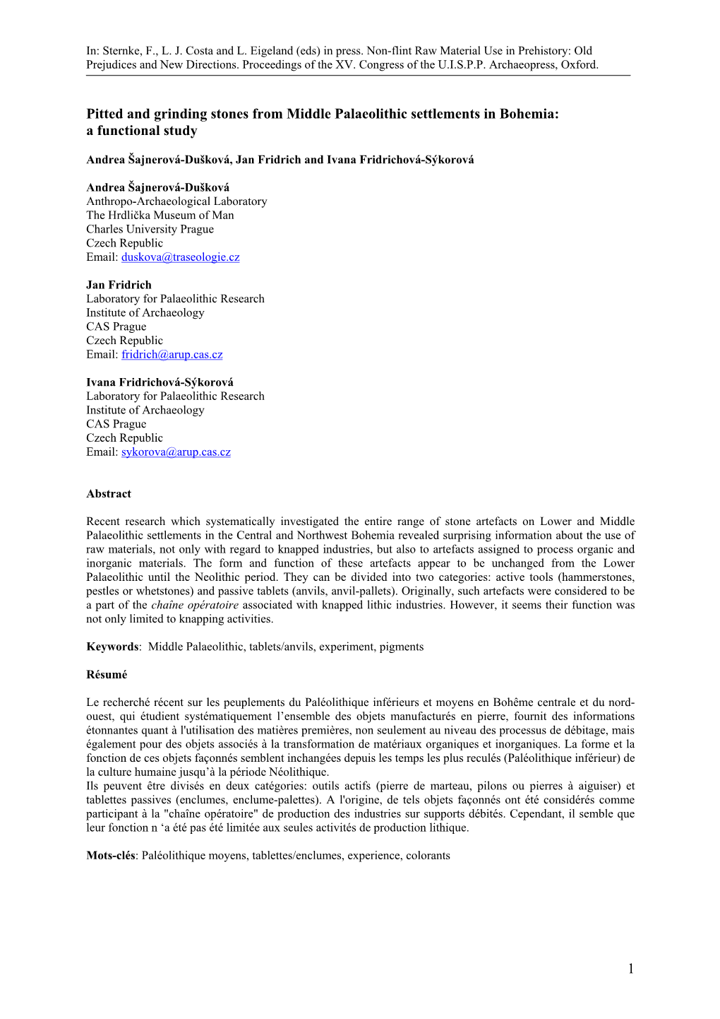 Pitted and Grinding Stones from Middle Palaeolithic Settlements in Bohemia: a Functional Study