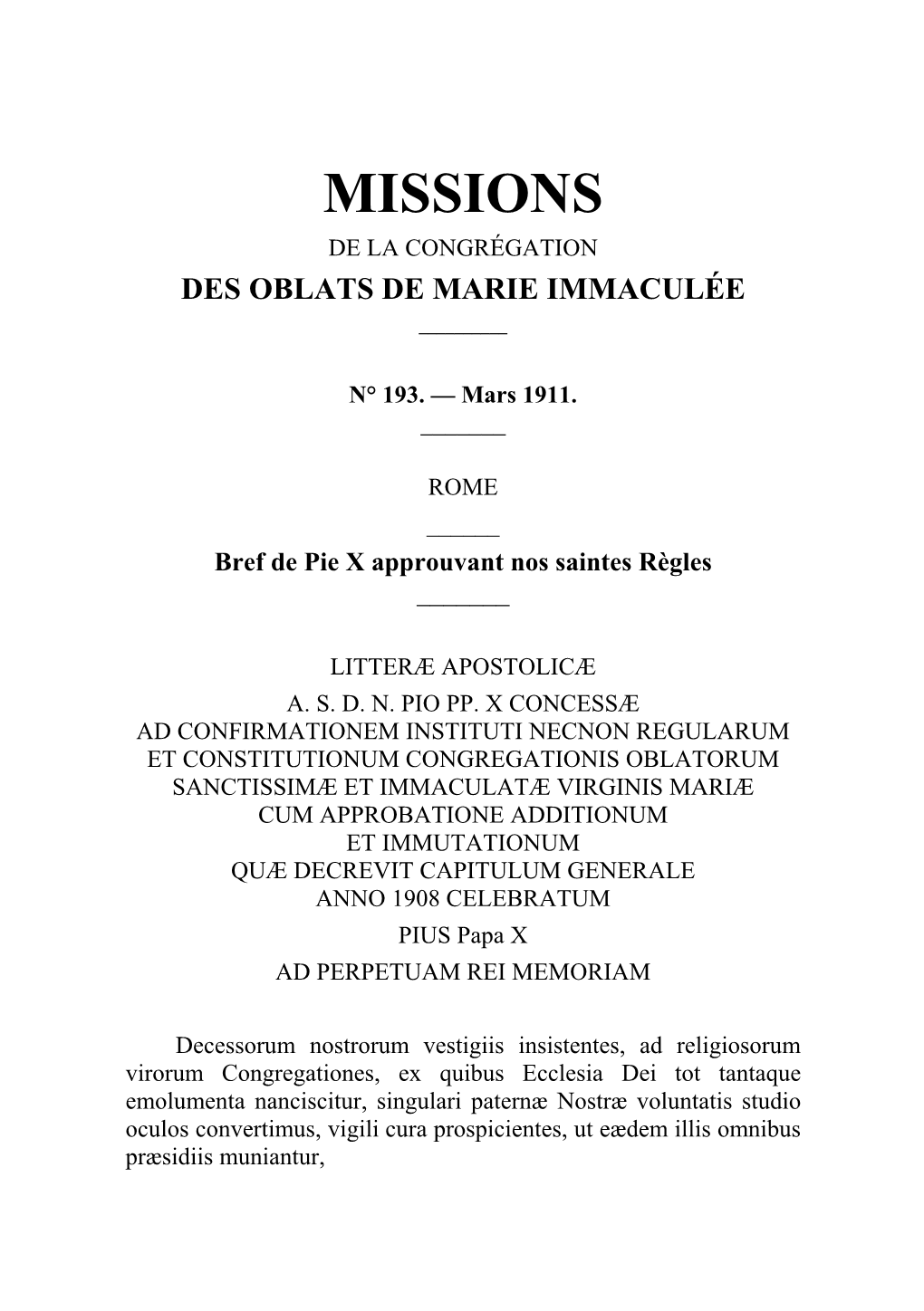 Missions De La Congrégation