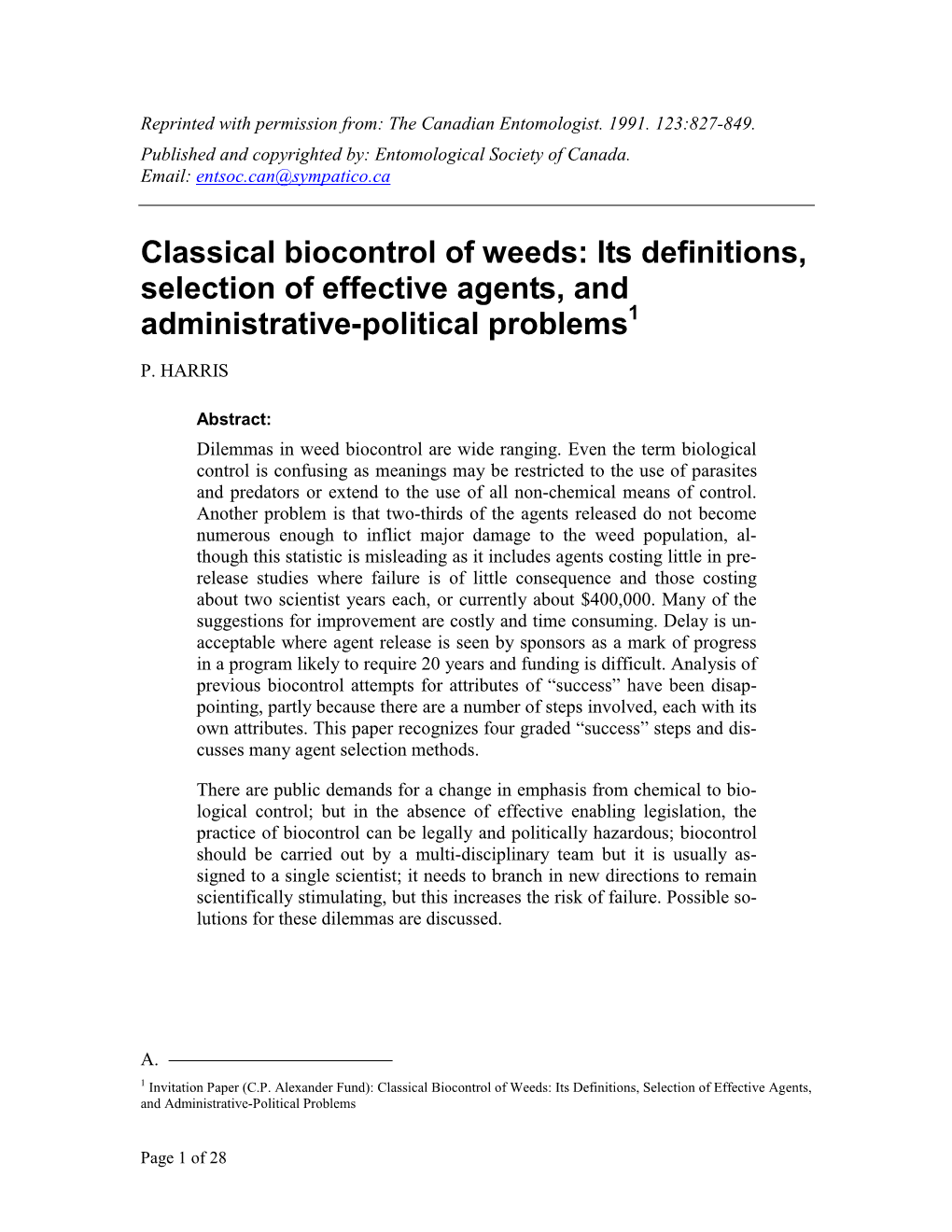 Classical Biocontrol of Weeds: Its Definitions, Selection of Effective Agents, and Administrative-Political Problems1