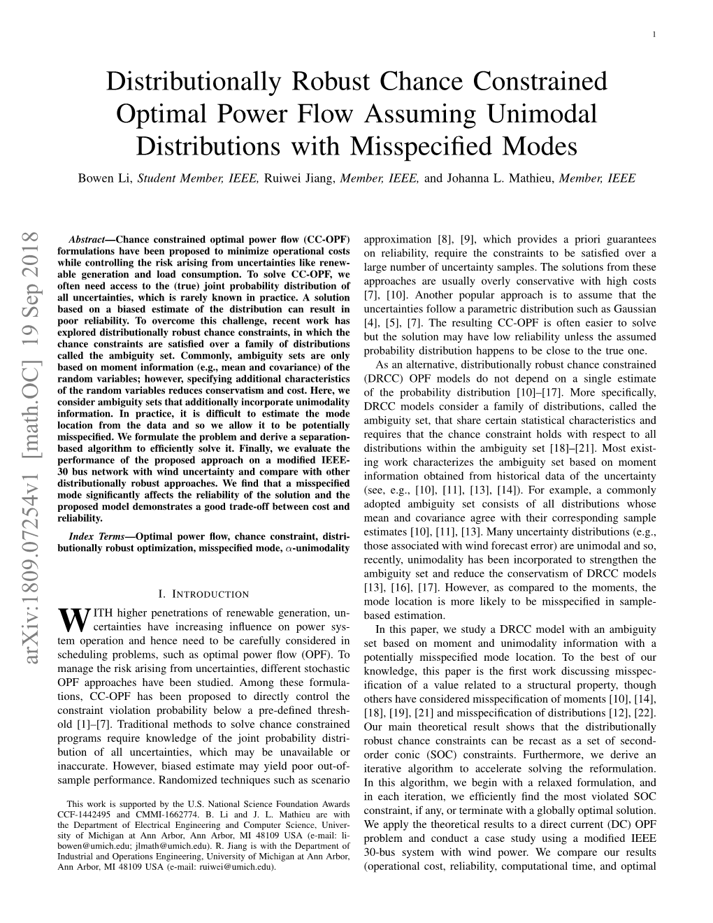 Distributionally Robust Chance Constrained Optimal Power