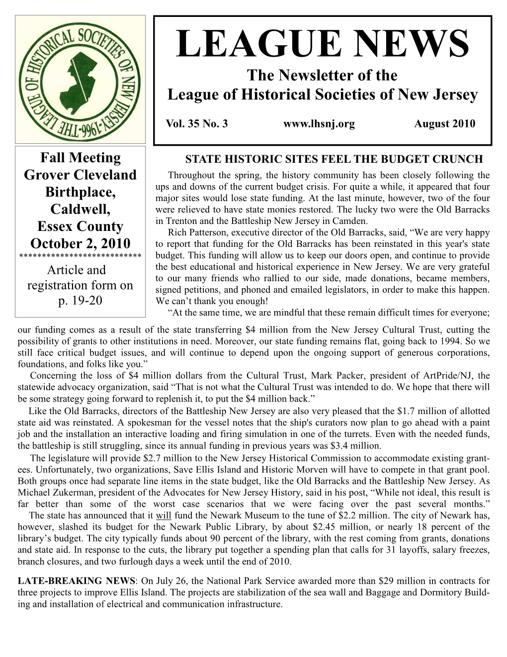 LEAGUE NEWS the Newsletter of the League of Historical Societies of New Jersey