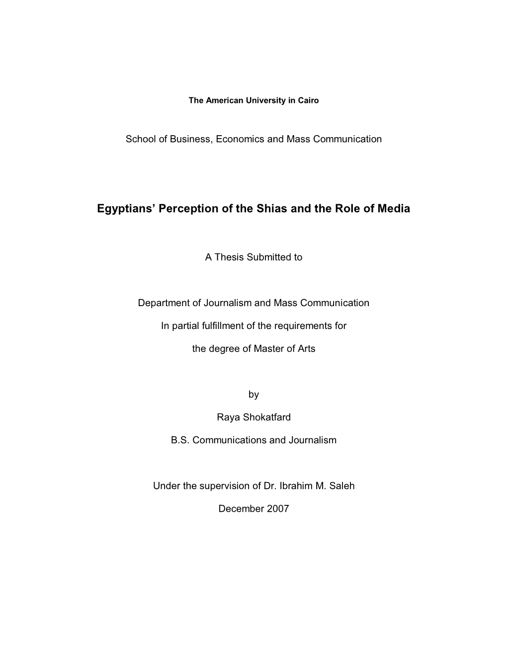 Egyptians' Perception of the Shias and the Role of Media