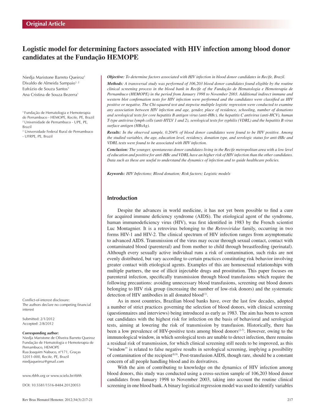 Logistic Model for Determining Factors Associated with HIV Infection Among Blood Donor Candidates at the Fundação HEMOPE