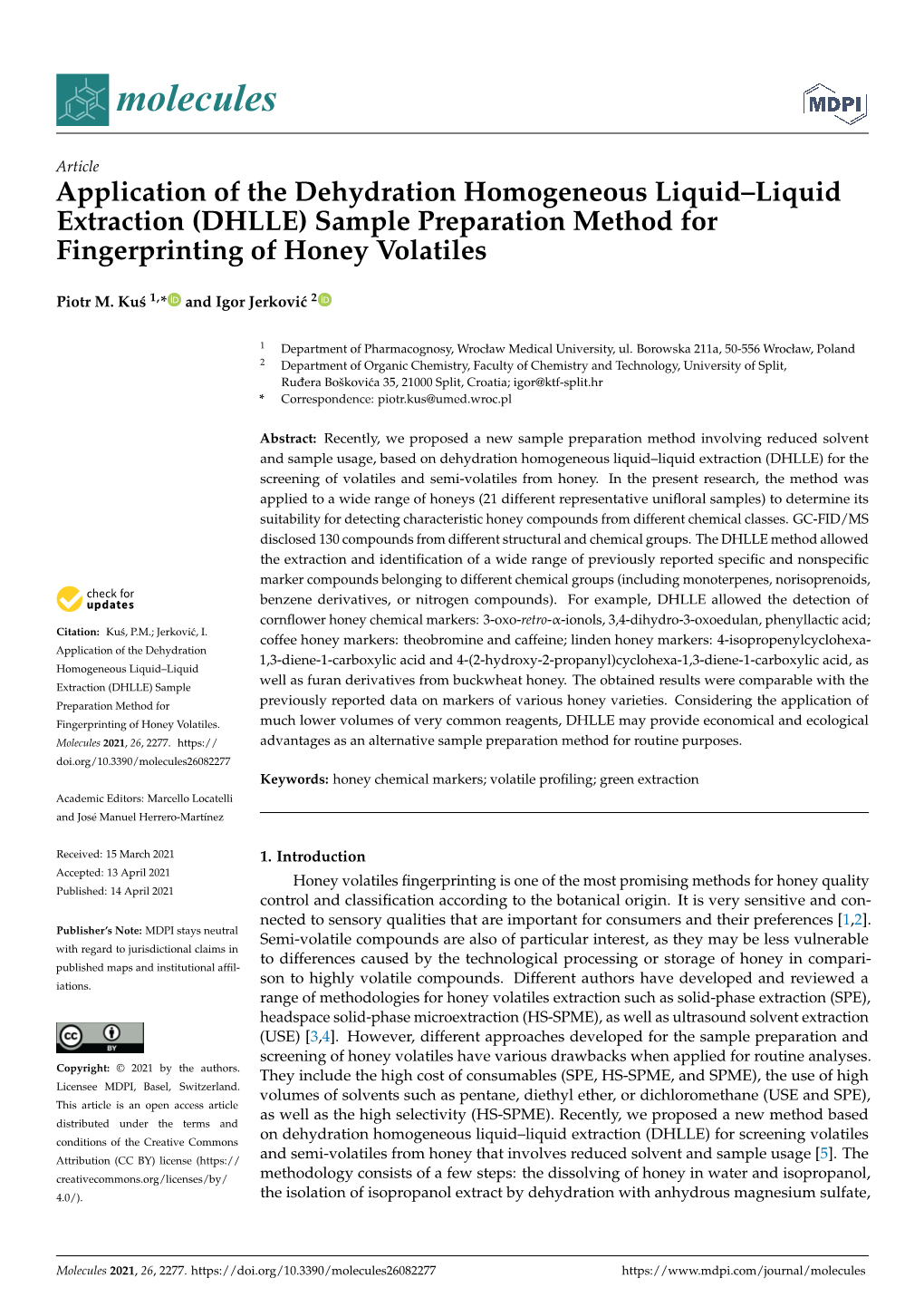 Application of the Dehydration Homogeneous Liquid–Liquid Extraction (DHLLE) Sample Preparation Method for Fingerprinting of Honey Volatiles