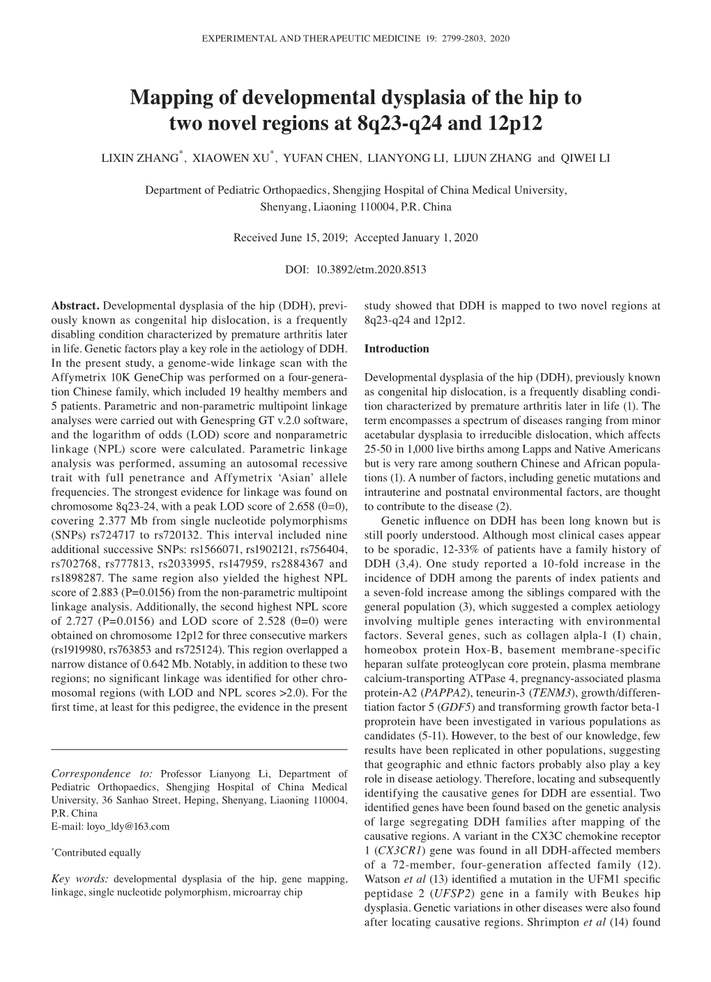 Mapping of Developmental Dysplasia of the Hip to Two Novel Regions at 8Q23‑Q24 and 12P12