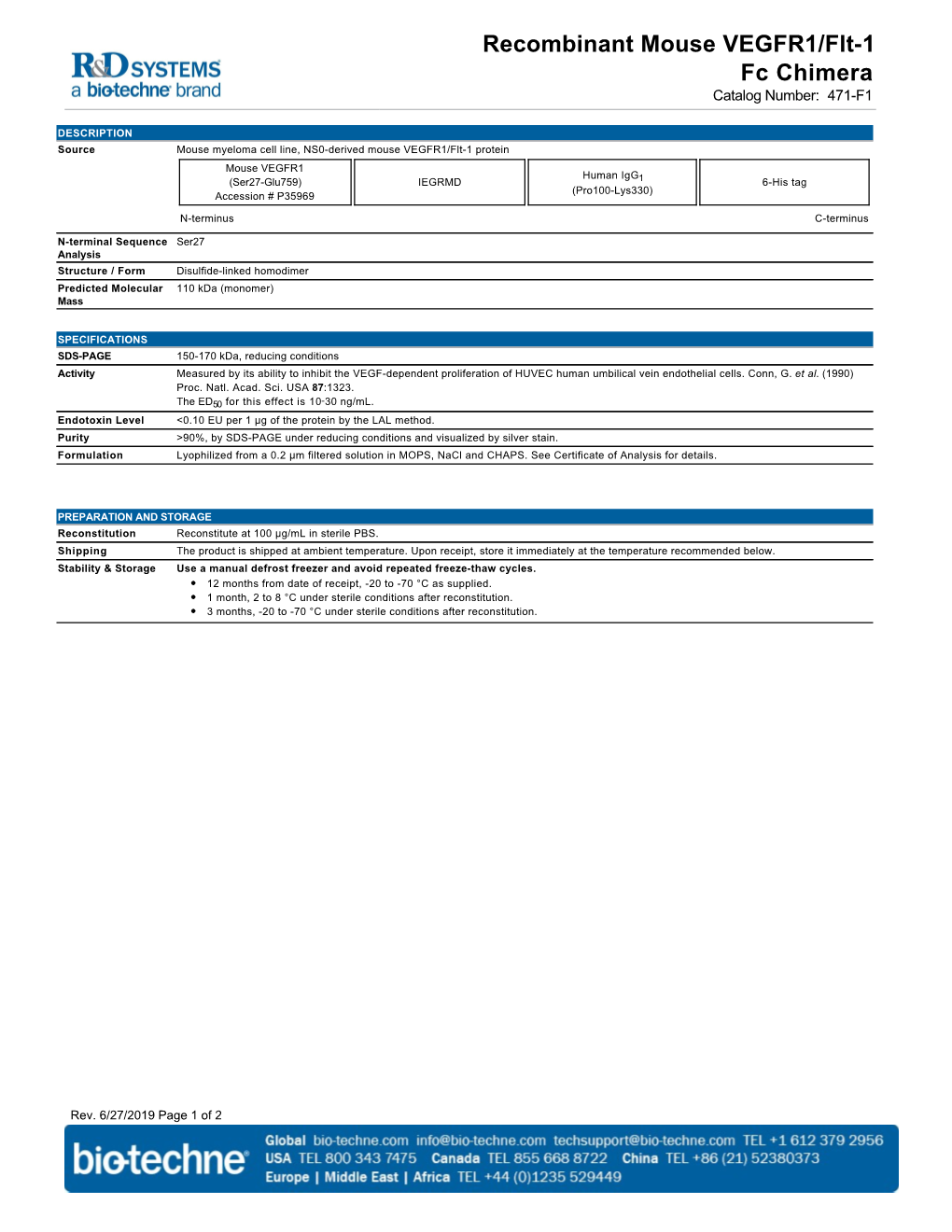 Recombinant Mouse VEGFR1/Flt-1 Fc Chimera Catalog Number: 471-F1