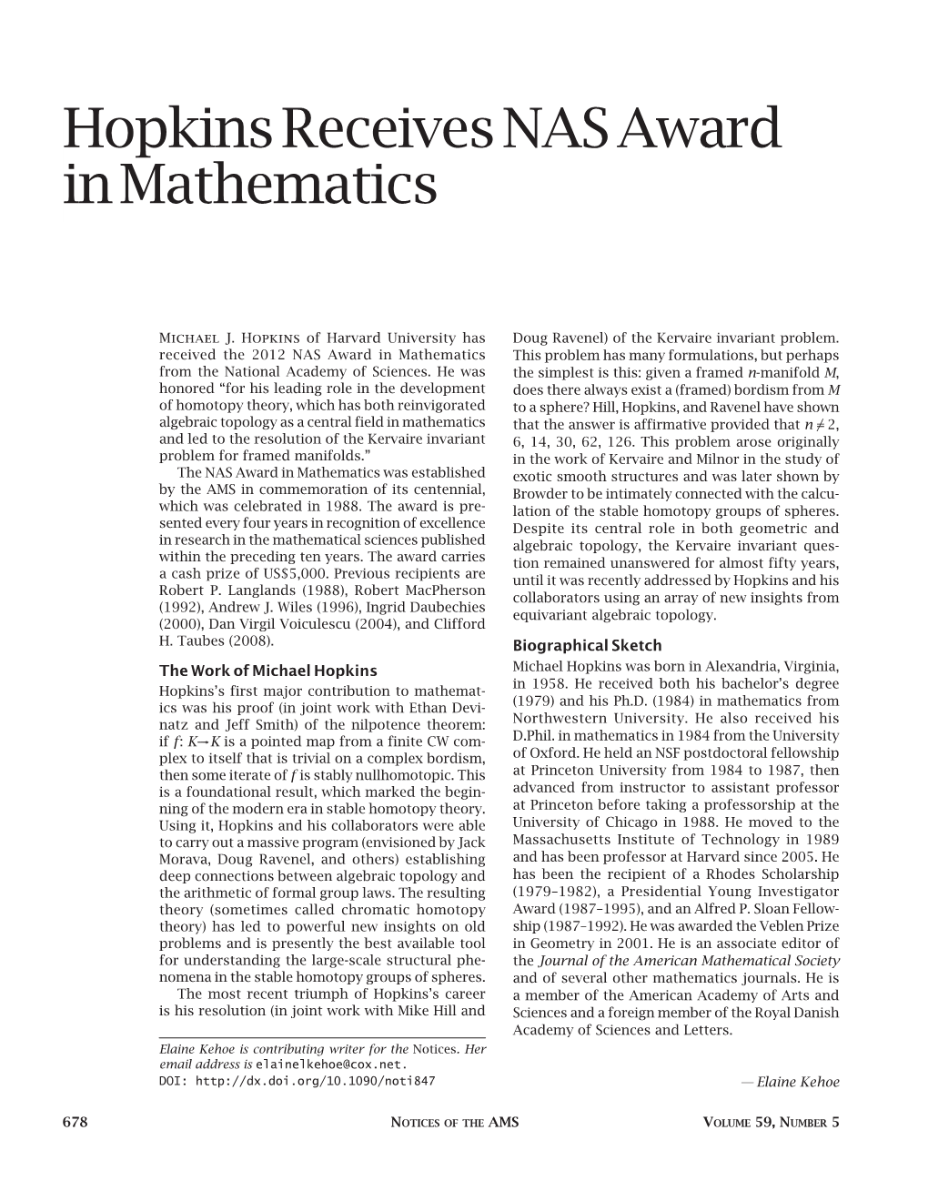 Hopkins Receives NAS Award in Mathematics