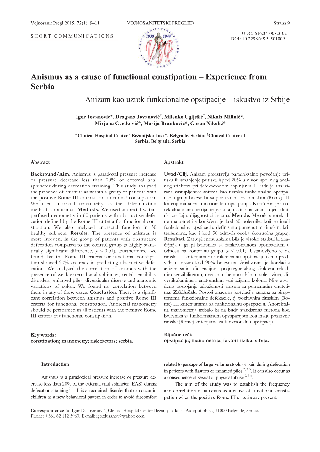 Anismus As a Cause of Functional Constipation – Experience from Serbia Anizam Kao Uzrok Funkcionalne Opstipacije – Iskustvo Iz Srbije